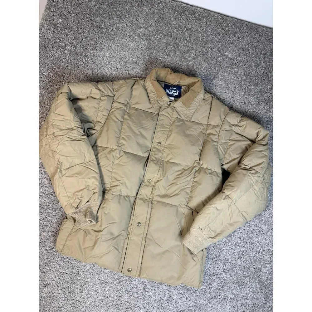 Vintage Woolrich Jacket Mens L Beige Down Puffer Collared Insulated Snap Pockets